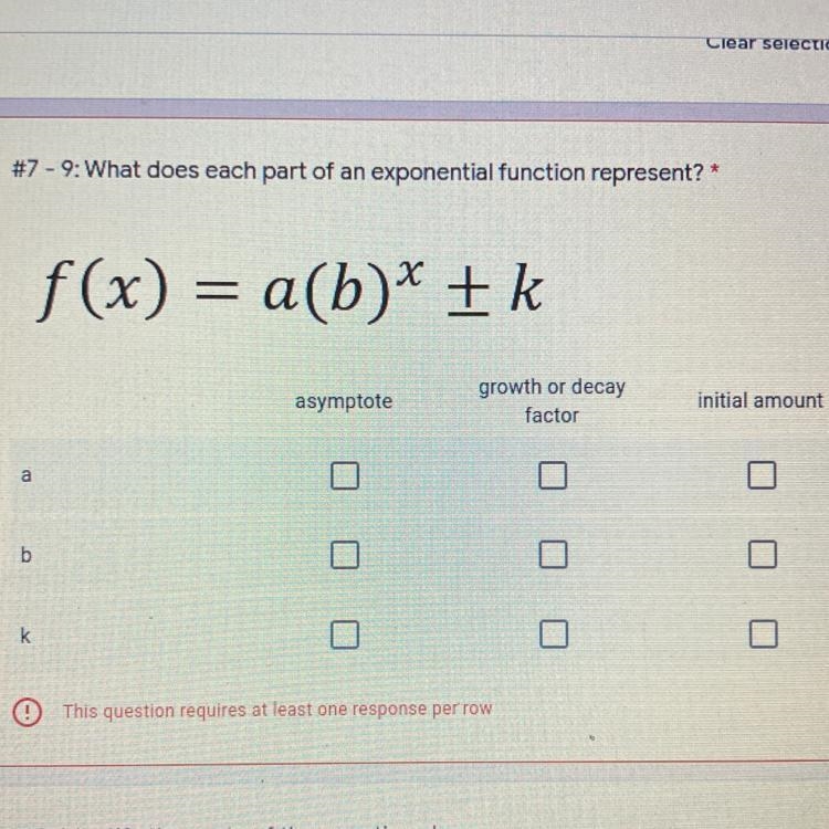 What does each part of an exponential function represent?* f(x) = a(b)* + k-example-1