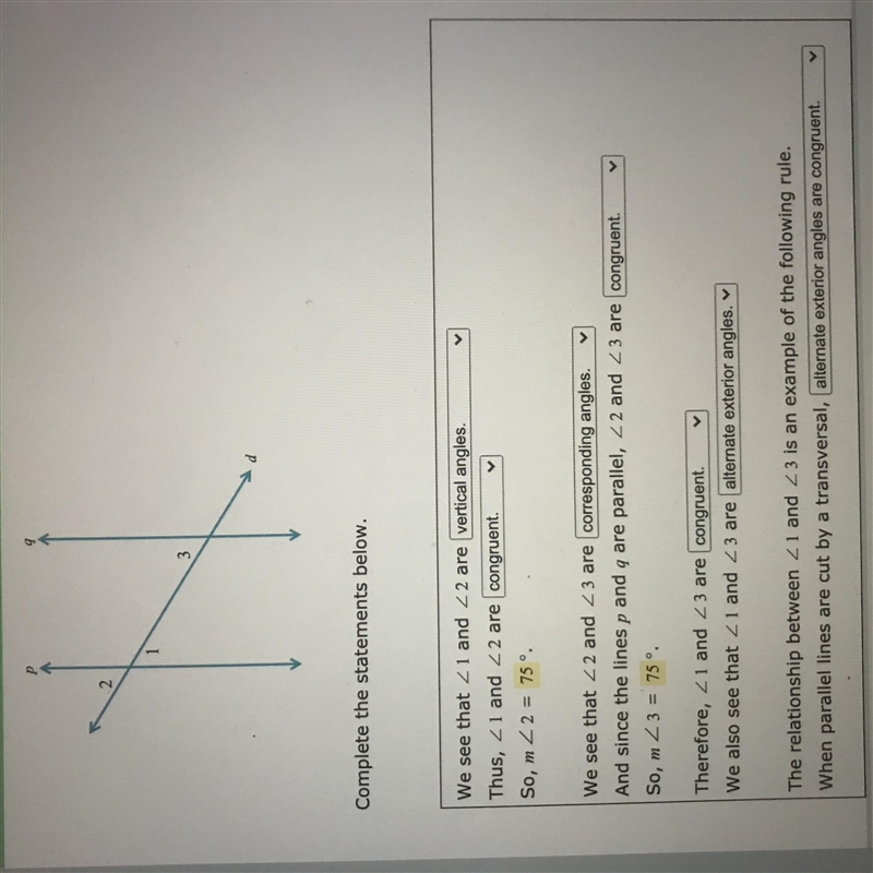 Geometry: help needed, it’s urgent! angle 1 measures 75 degrees, is this table right-example-1