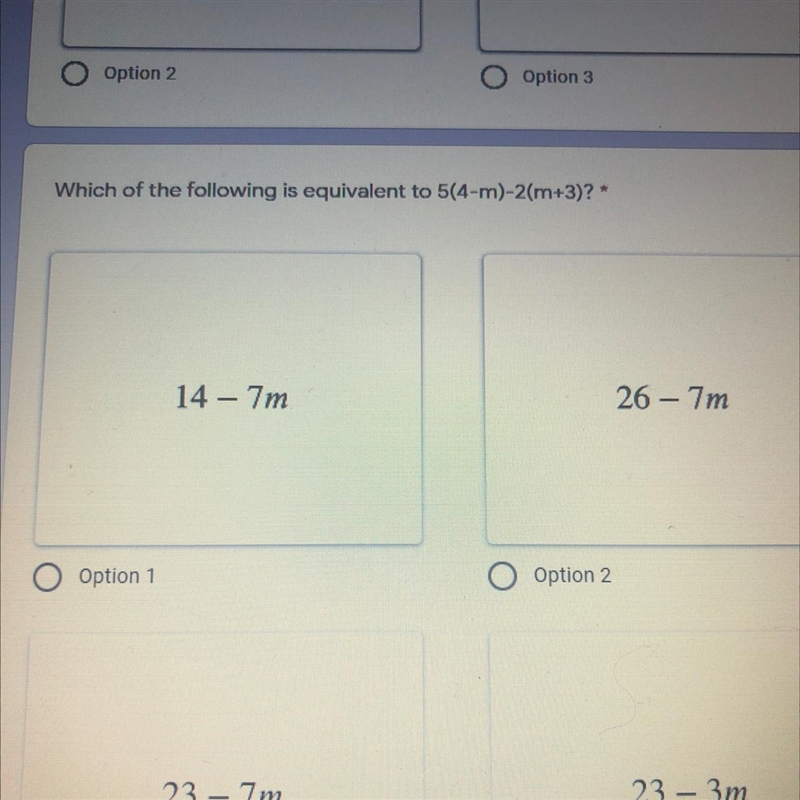 Which of the following is equivalent to 5(4-m)-2(m+3)? * don’t give me that link .-example-1