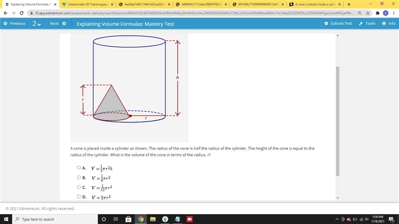 A cone is placed inside a cylinder as shown. The radius of the cone is half the radius-example-1