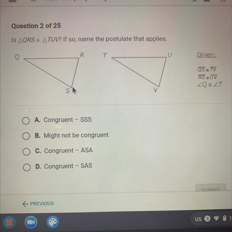 Is it congruent SSS or Congruent ASA-example-1