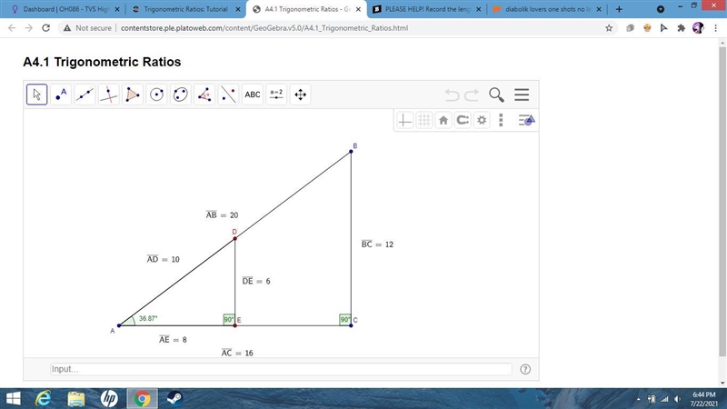 PLEASE HELP! Record the lengths of the sides of ΔABC and ΔADE. I would appreciate-example-2