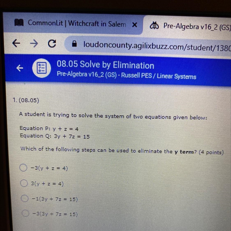 1.(08.05) A student is trying to solve the system of two equations given below: Equation-example-1