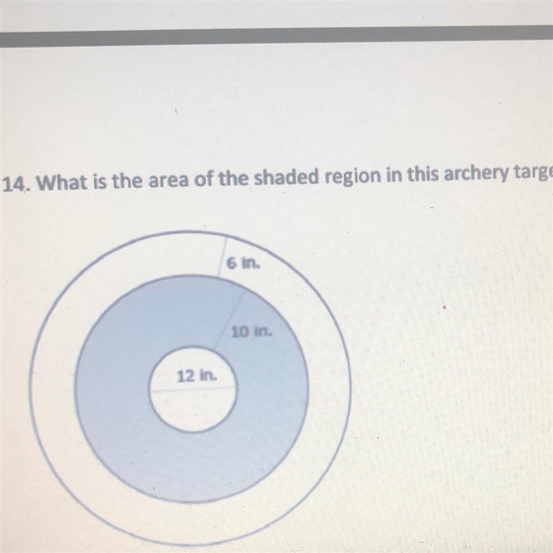 What is the area of the shaded region in the archery target? Use 3.14 for pi.-example-1