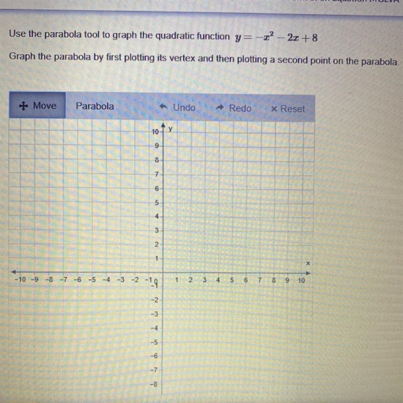 Use the parabola tool to graph the quadratic function y=-1? - 2.0 +8 Graph the parabola-example-1