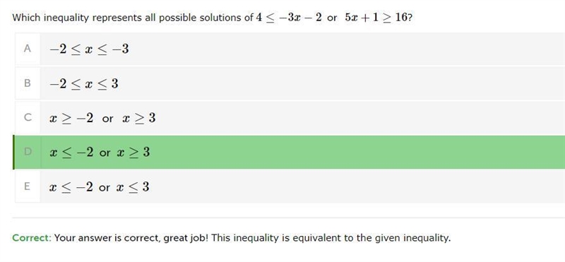 Which inequality represents all possible solutions of 4≤−3x−2 or 5x+1≥16?-example-1