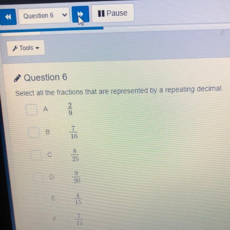 Select all the fractions that are represented by a repeating decimal .-example-1