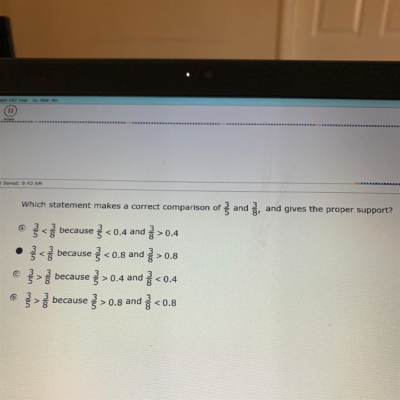 Which statement makes a correct comparison of 3/5 and 3/8, and gives the proper support-example-1