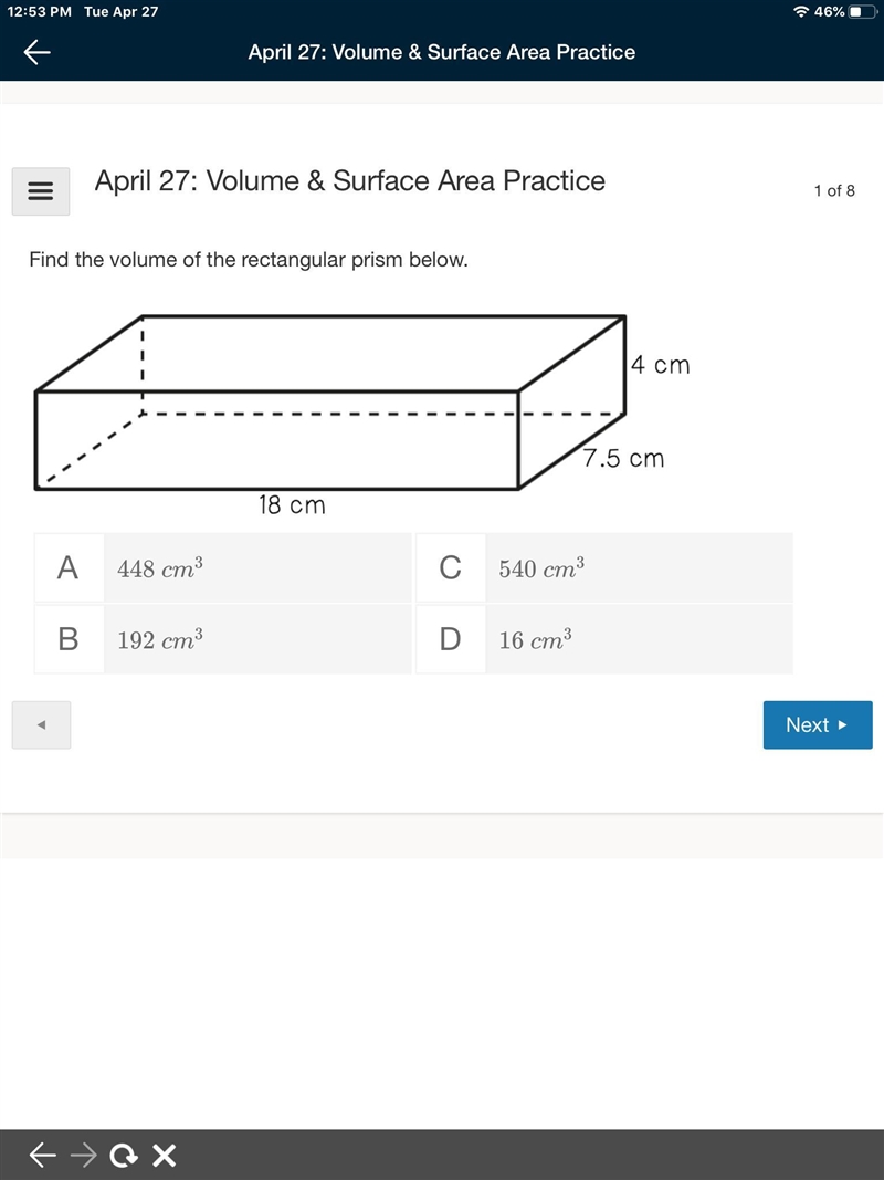 Find the volume of the rectangular prism below.-example-1