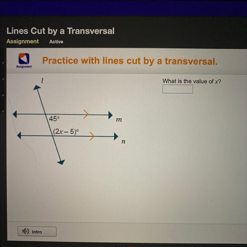 What is the value of x? 45° m 1(2x - 5)° n-example-1