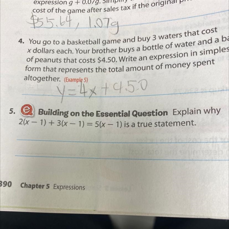 Explain why 2(x - 1) + 3(x - 1) = 5(x - 1) is a true statement.-example-1