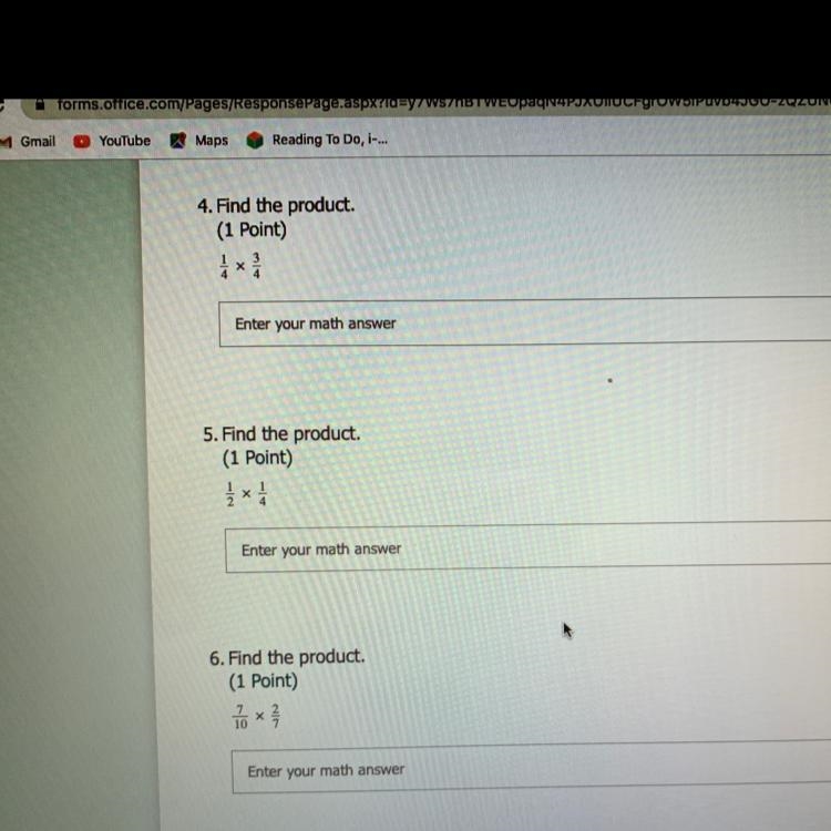 4. Find the product. 1/4 x 3/4 5. Find the product. 1/2 x 1/4-example-1