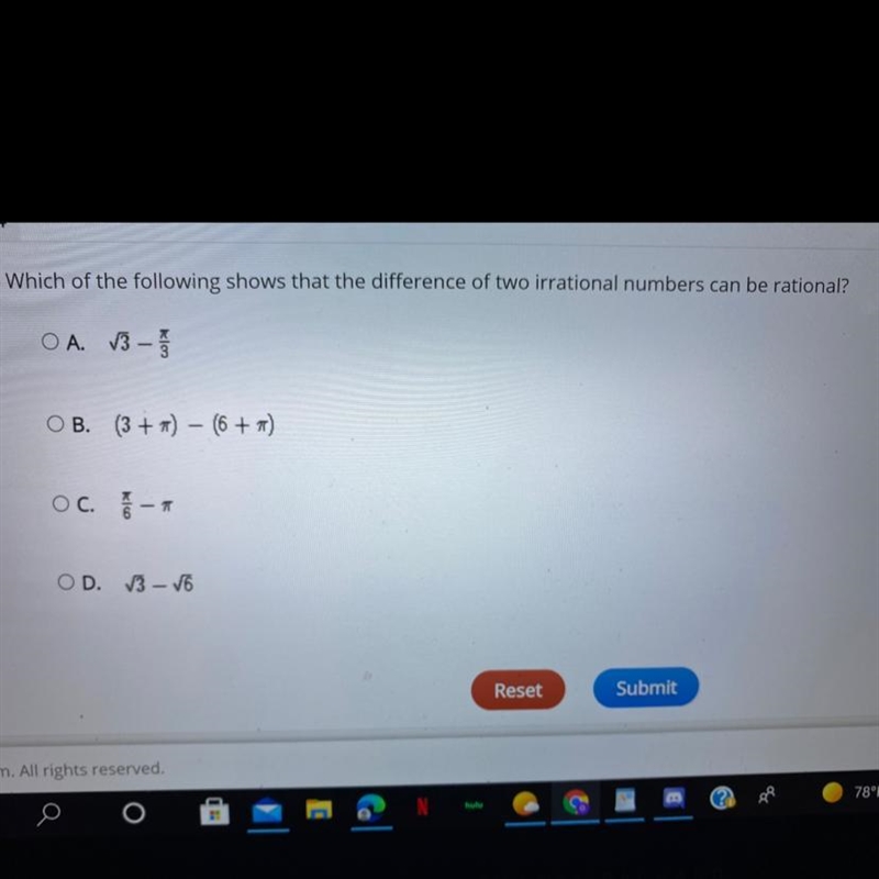 Which of the following shows that the difference of two irrational numbers can be-example-1