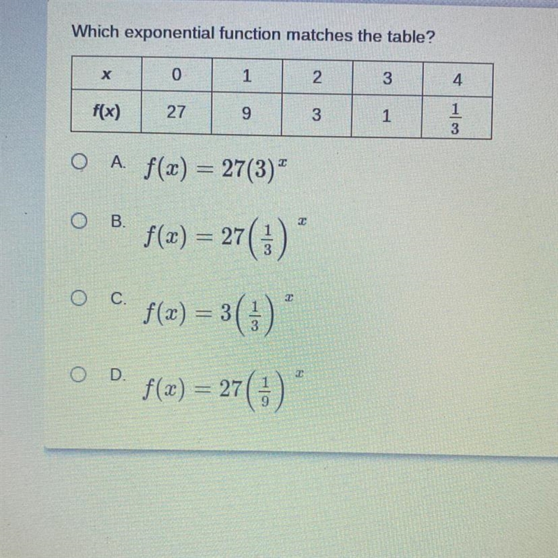 Which exponential function matches the table?-example-1