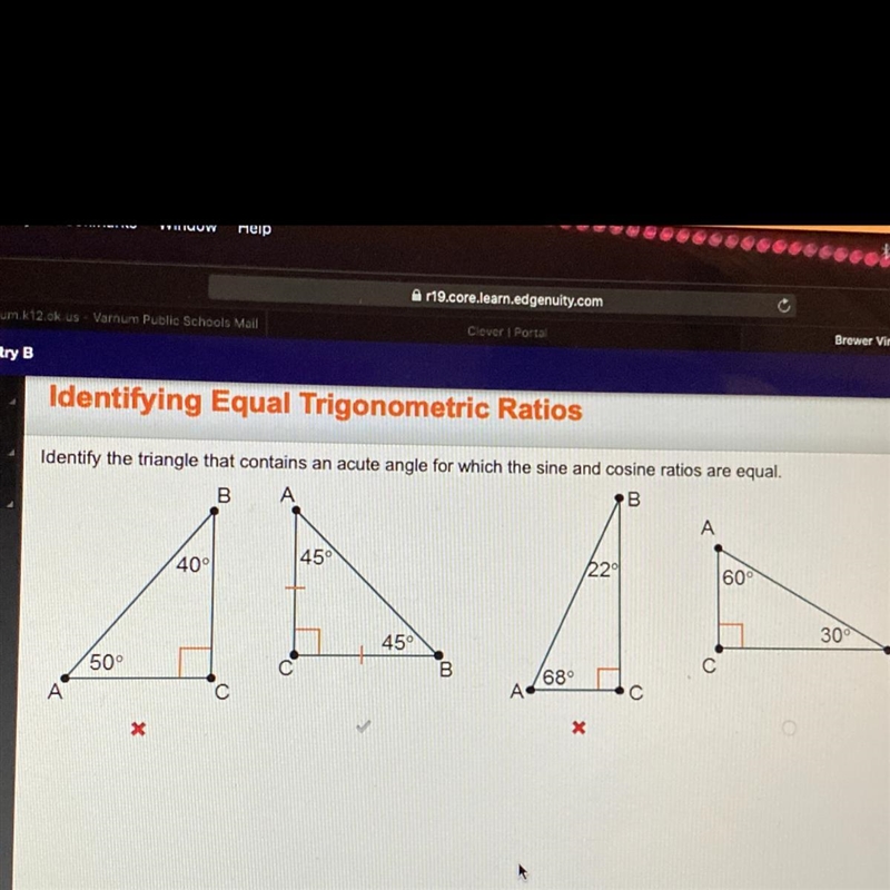 Identify the triangle that contains an acute angle for which the sine and cosine ratios-example-1