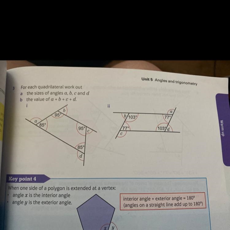 For each quadrilateral work out The sizes of angles a b c and d The value of a + b-example-1