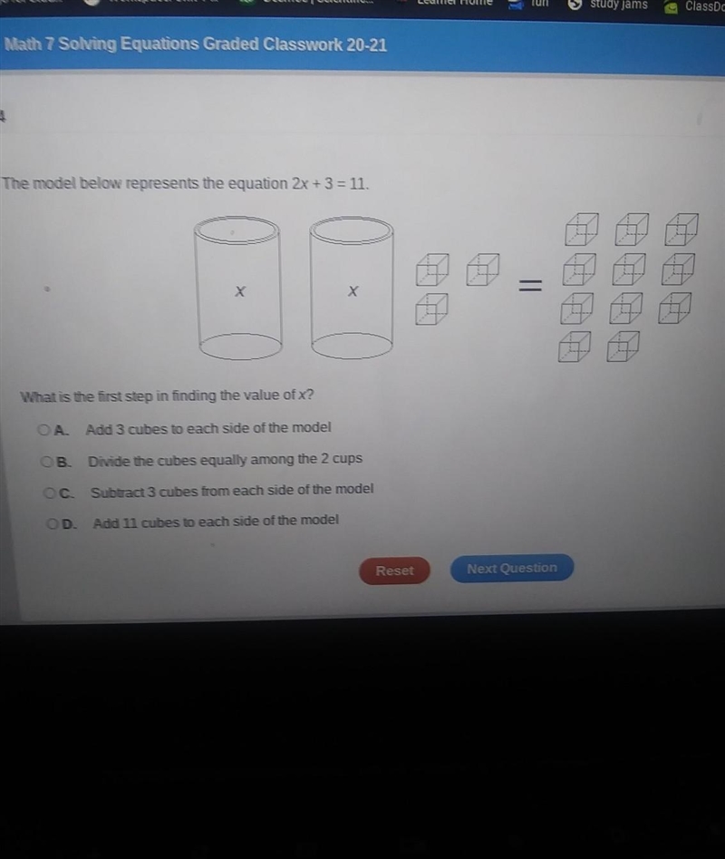 The model below represents the equation 2x + 3=11​-example-1