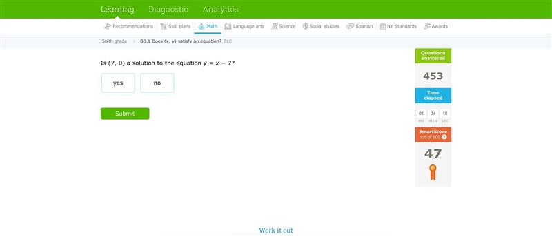 I need some one to help me!! Is (7, 0) a solution to the equation y = x − 7?-example-1