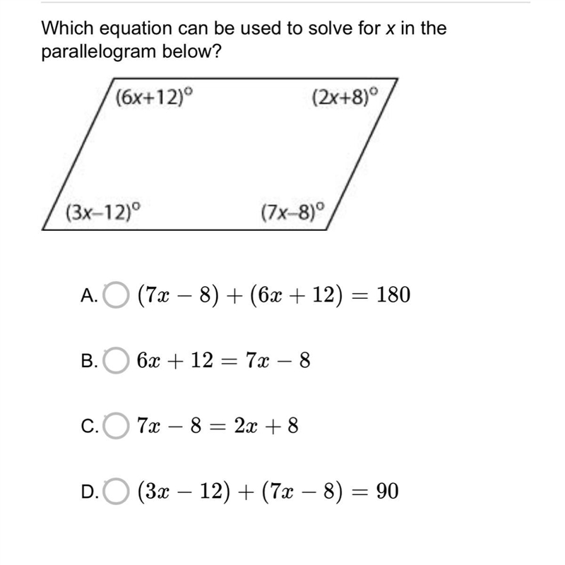 Which equation can be used to solve for x in the parallelogram below?-example-1