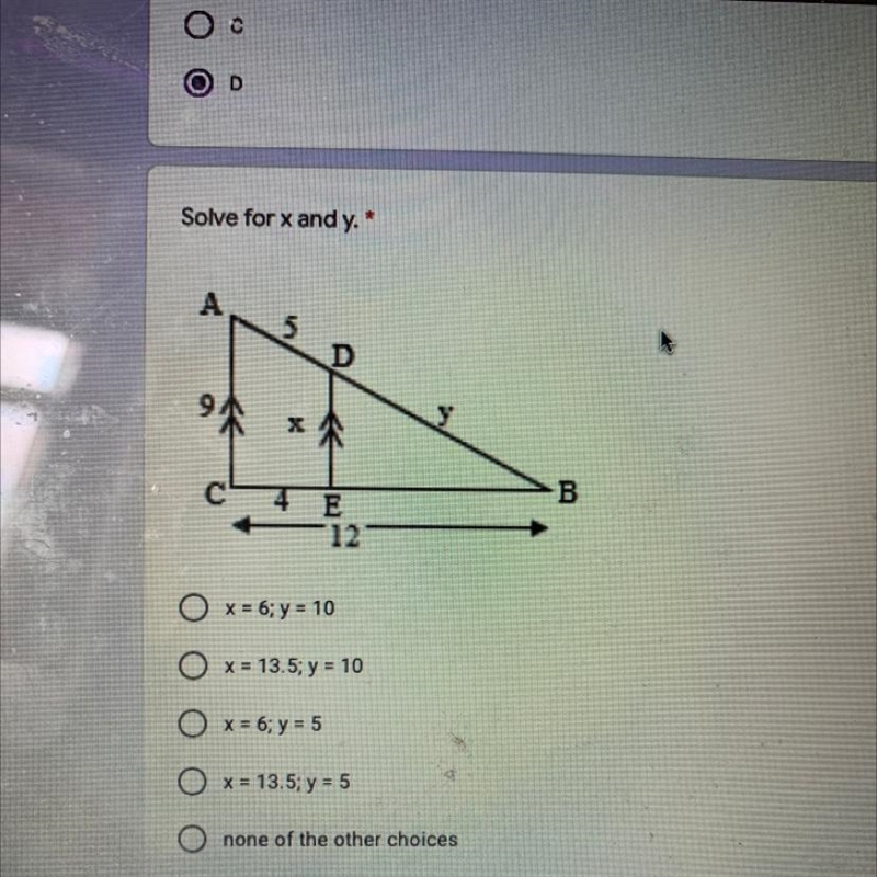 Solve for x and y. A x=6; y=10 B x=13.5; y=10 C x=6;y=5 D x=13.5; y=5-example-1