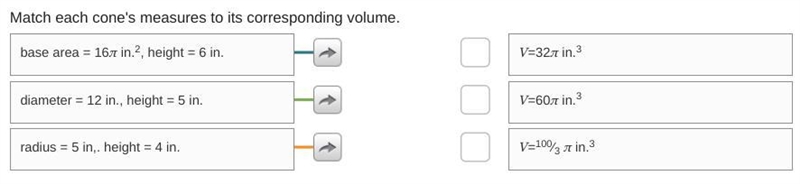 Match each cone's measures to its corresponding volume.-example-1