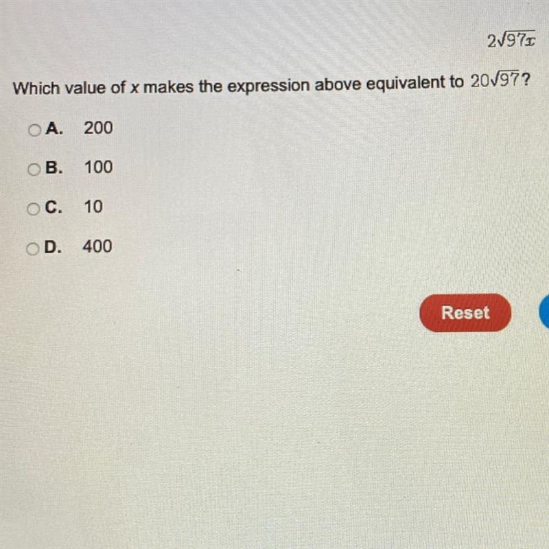 2sqroot97x Which value of x makes the expression above equivalent to 20 sqroot97? pls-example-1