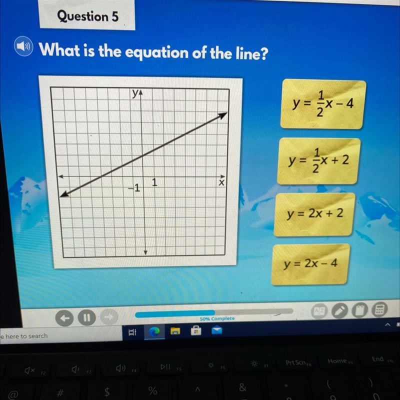 What is the equation of the line? ТУ y=; x - 4 y = x + 2 1 y = 2x + 2 y = 2x - 4-example-1