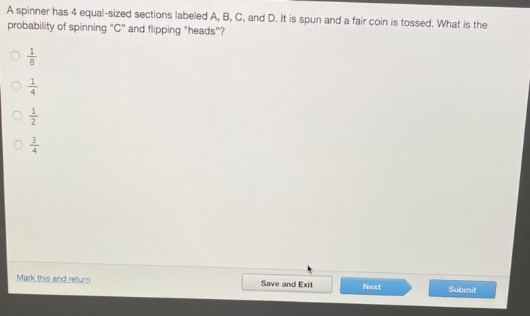 A spinner has 4 egual-sized sections labeled A, B, C, and D. It is spun and a fait-example-1