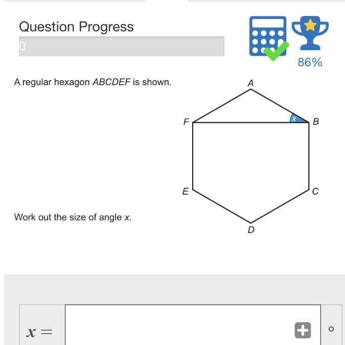 A regular hexagon abcdef is shown. Work out the size of angle x Please help-example-1