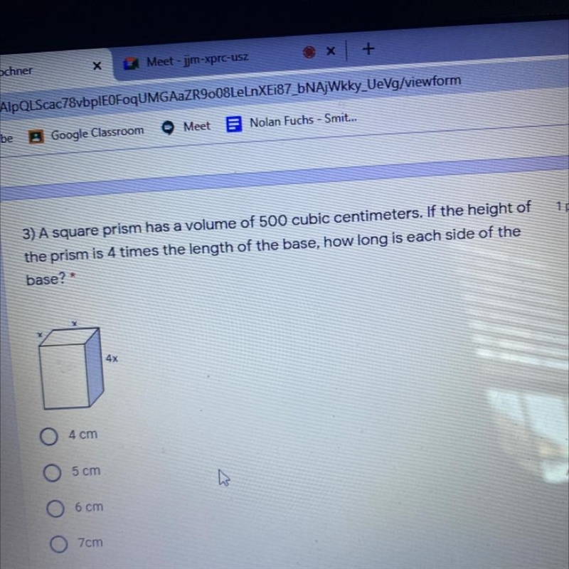 1 point 3) A square prism has a volume of 500 cubic centimeters. If the height of-example-1