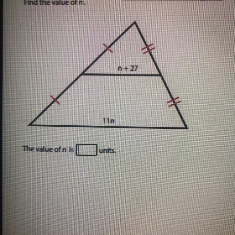 Find the value of n. n+27 11n The value of n is ? units.-example-1