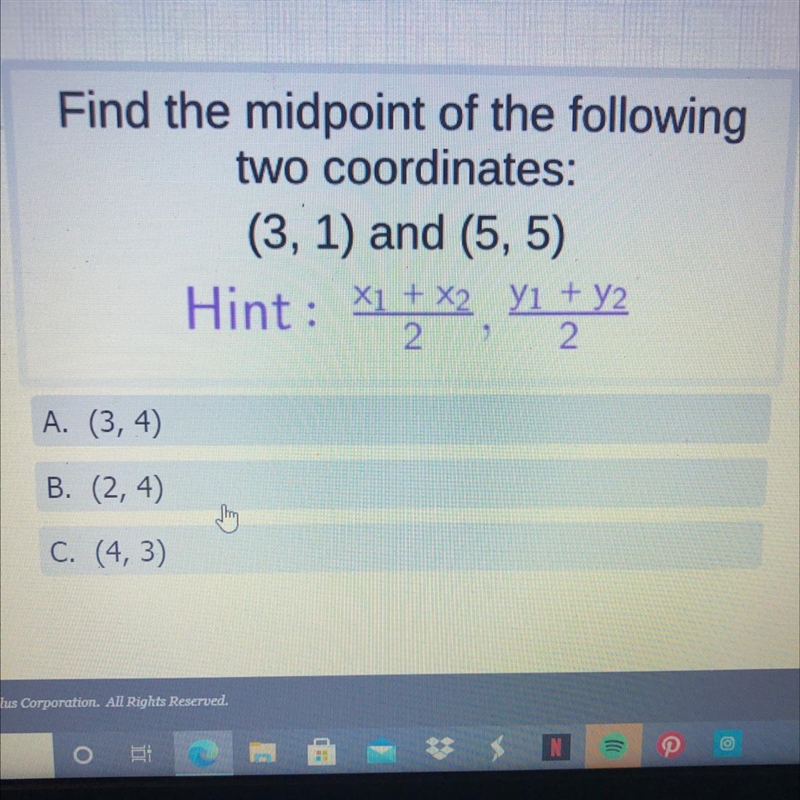 Find the midpoint of the following two coordinates: Please helppp-example-1