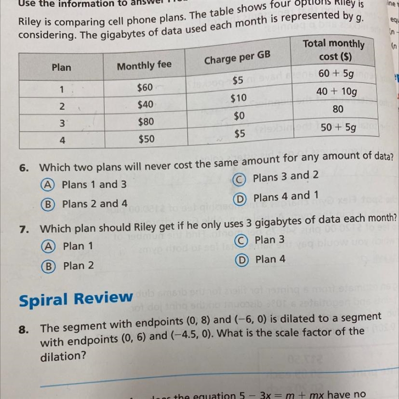 Which two plans will never cost the same amount for any amount of data? HELPP PLSS-example-1