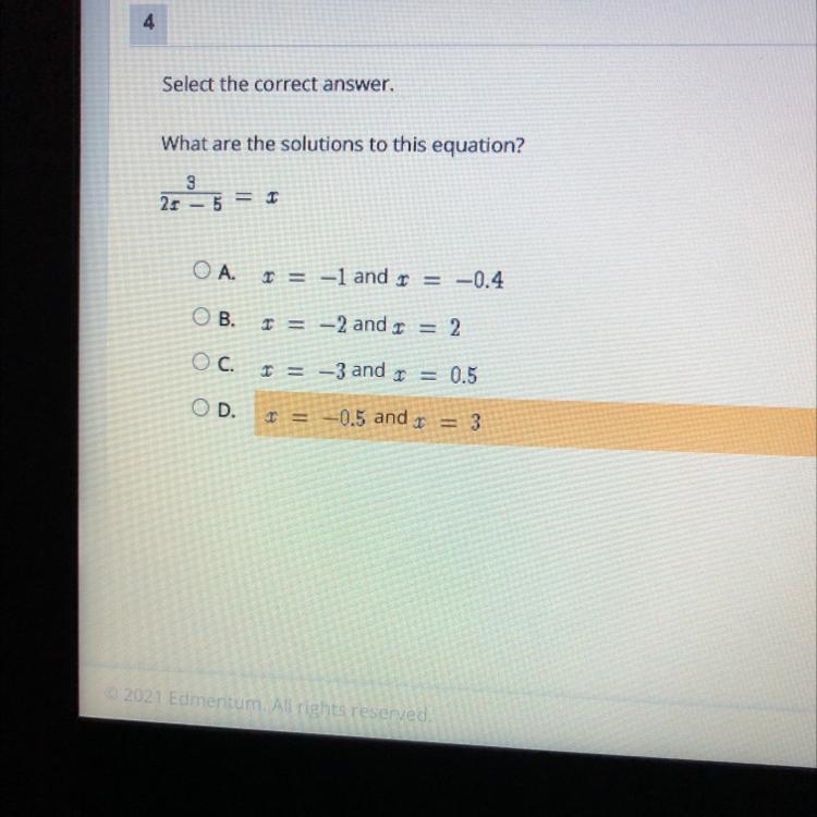 Select the correct answer. What are the solutions to this equation? 3 25 - 5 O A = -1 and-example-1