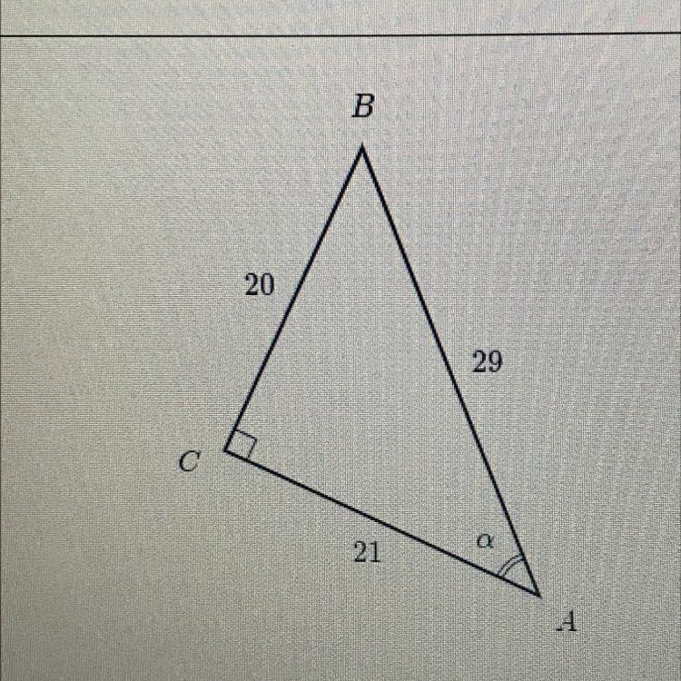 B 20 29 C 21 1 Find sin(a) in the triangle. A)20/21 B) 20/29 C) 21/20 D)21/29-example-1