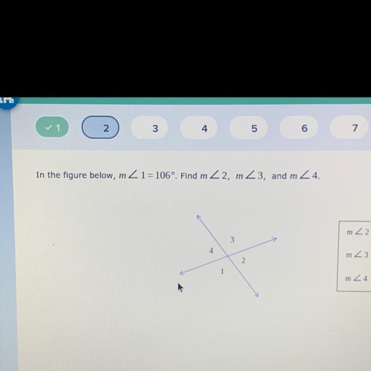 In the figure below, m2 1=106º. Find m2, mZ3, and m2 4-example-1