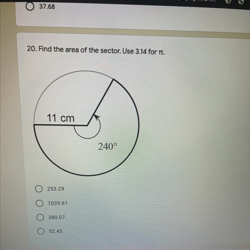 Find the area of the sector. Use 3.14 for it. PLEASE HURRY-example-1