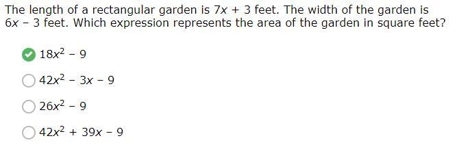 The length of a rectangular garden is 7x + 3 feet. The width of the garden is 6x – 3 feet-example-1