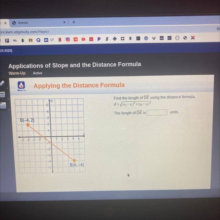 Warm-Up Active Applying the Distance Formula Warm-Up y Find the length of DE using-example-1