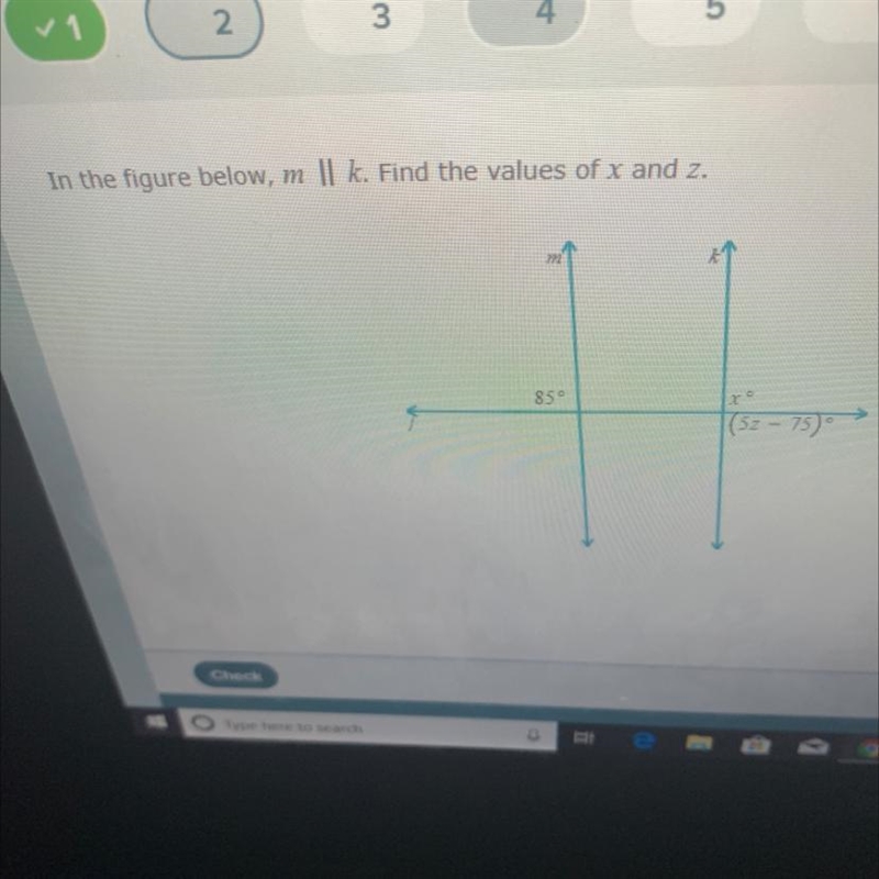 In the figure below, m || k. Find the values of x and z. 850 |(52 - 75)° Z =-example-1