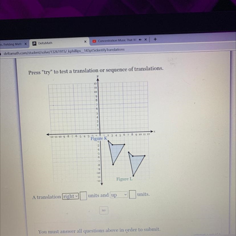 Determine which translations would map Figure K into Figure L.-example-1