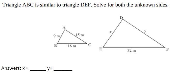 Triangle abc is similar to triangle def solve for both unknown sides-example-1