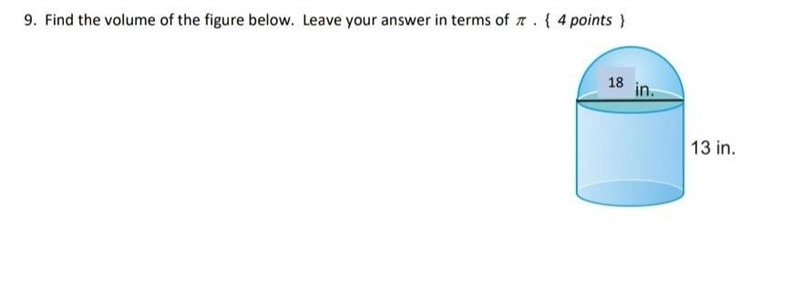 Find the volume of the figure below. Leave your answer in terms of  π. ​-example-1