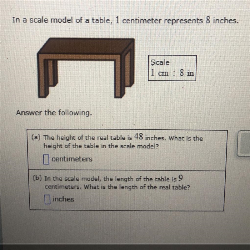 In a scale model of a table, 1 centimeter represents 8 inches. C Scale 1 cm: 8 in-example-1