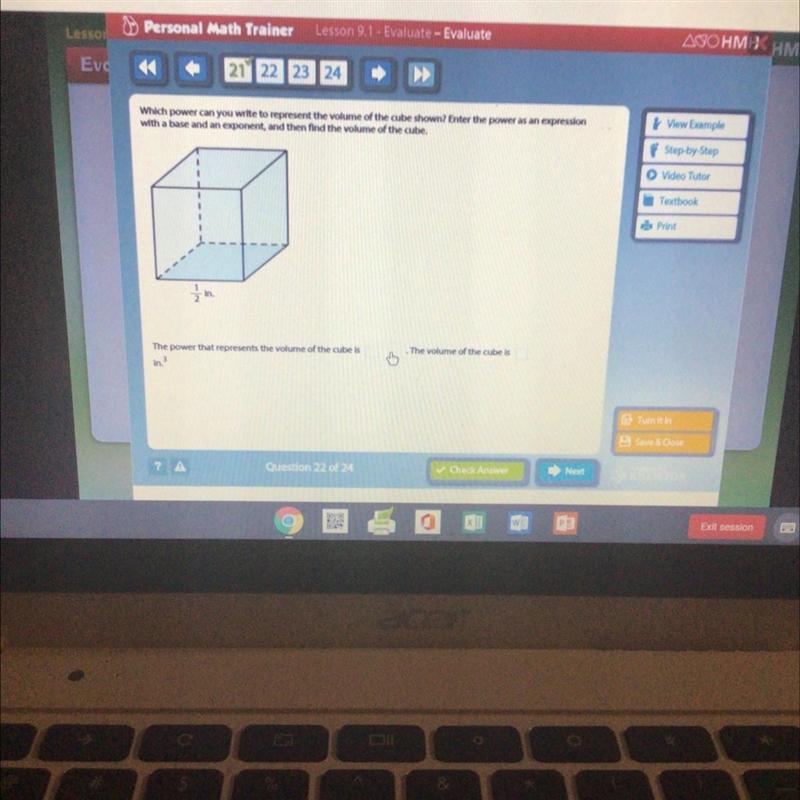 Which power can you write to represent the volume of the cube shown? Enter the power-example-1