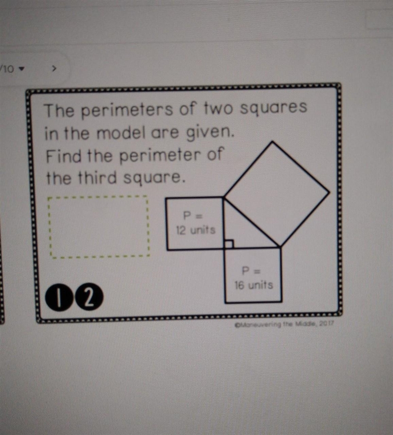 The perimeters of two squares in the model are given. Find the perimeter of the third-example-1