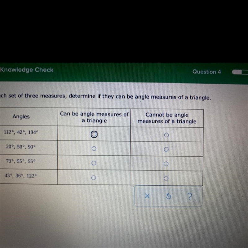 For each set of three measures, determine if they can be angle measures of a triangle-example-1