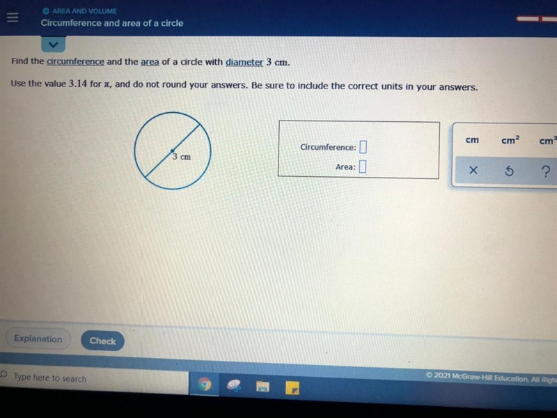 Find the circumference and the area of a circle with diameter 3cm-example-1