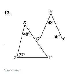 Determine whether the triangles are similar. If they are, write a similarity statement-example-1