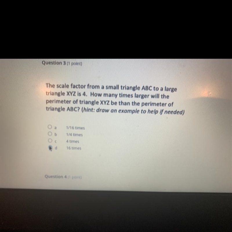 The scale factor from a small triangle ABC to a large triangle XYZ is 4. How many-example-1